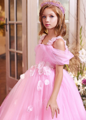 Cold Shoulder Glitter Tulle 3D Flowers Flower Girl Dress